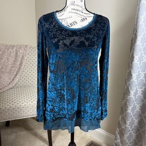 Blue and Black Velvet Long Sleeve Top